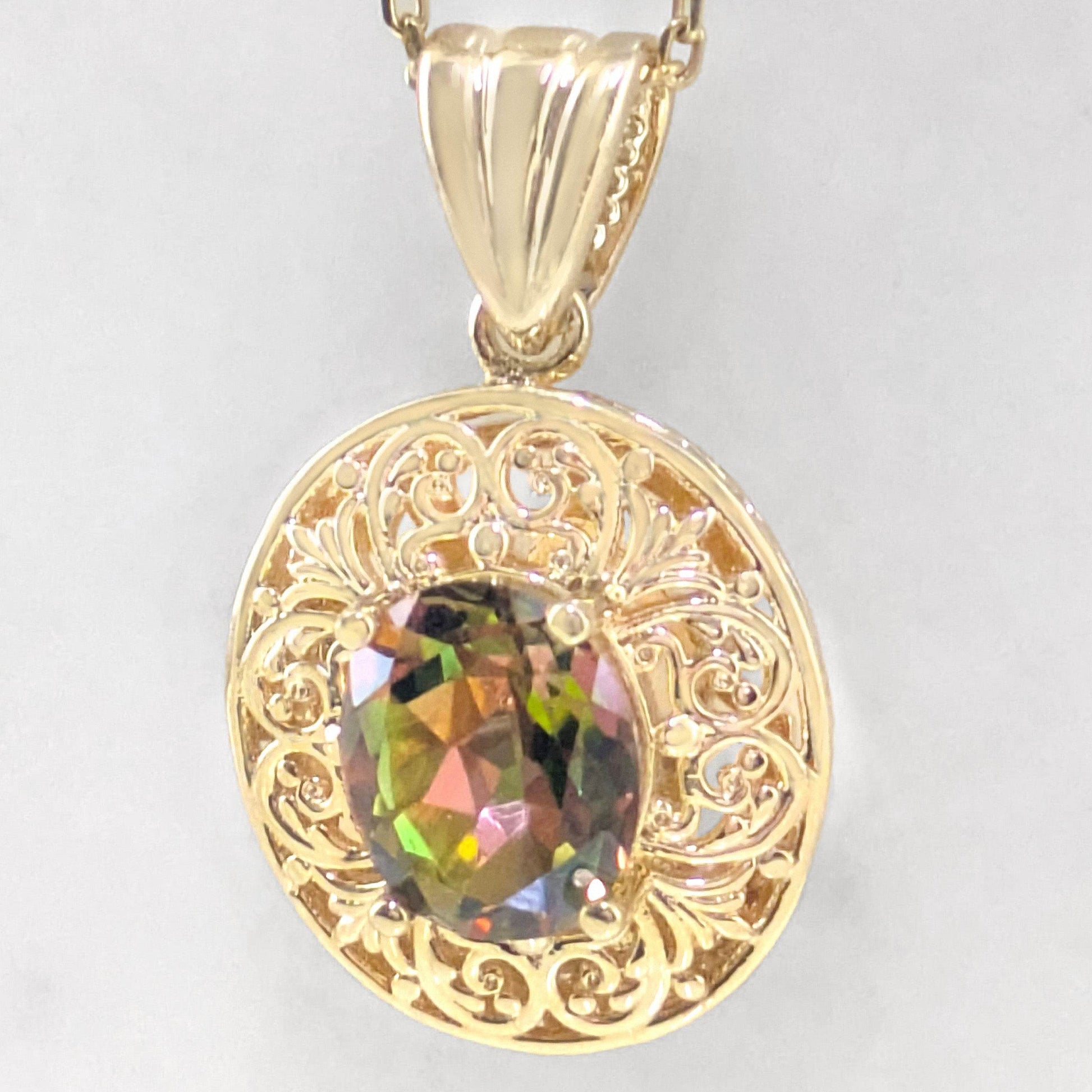 Scrollwork Oval Pendant with 10x12mm Diaspore Color Quartz Gemstone - TurkishBling