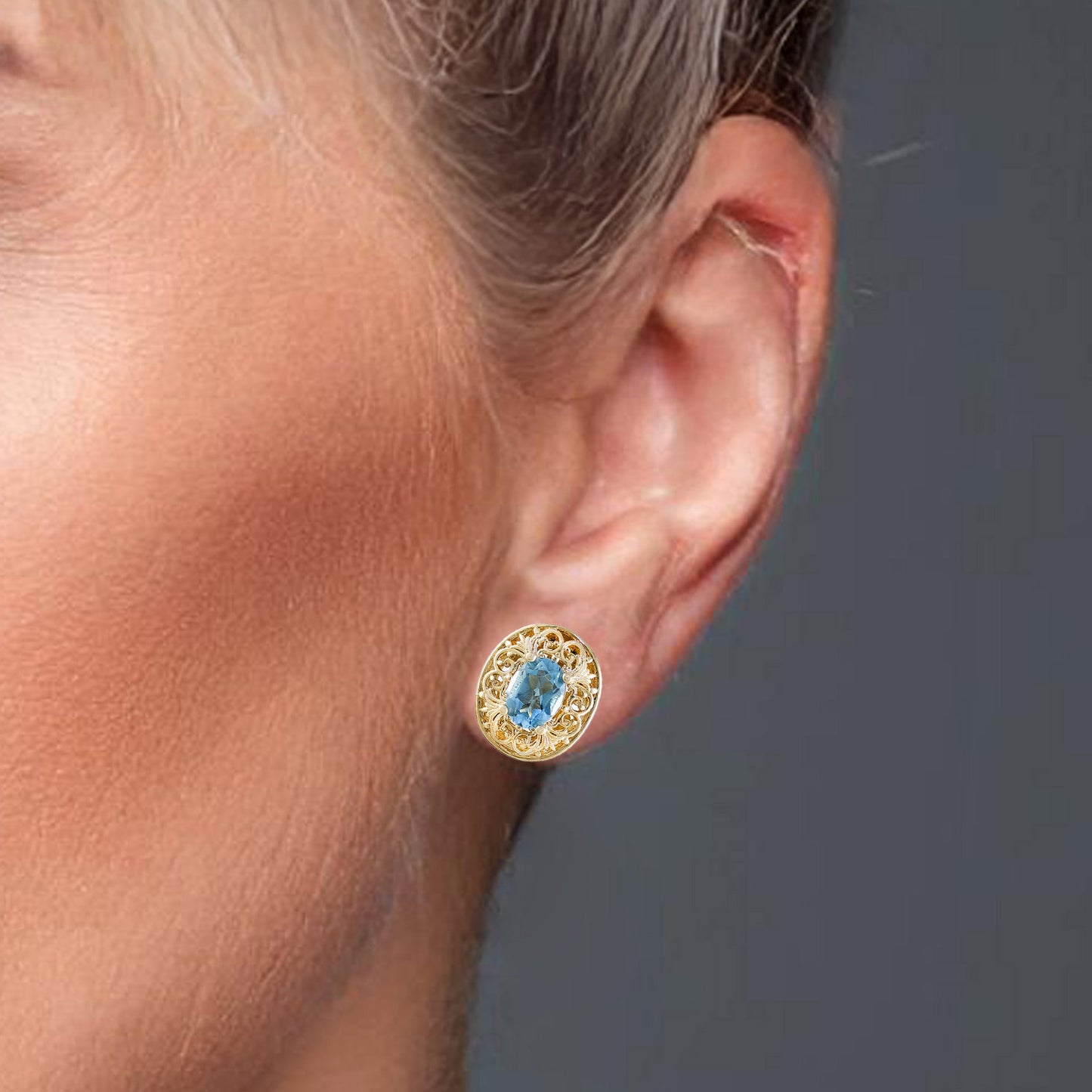 Scrollwork Quartz Filigree Stud Earrings - Choice of Genuine Sky Blue Topaz, Morganite, Tanzanite Color Quartz