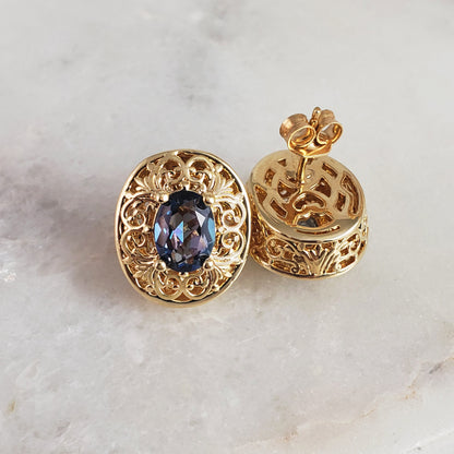 Scrollwork Quartz Filigree Stud Earrings - Choice of Genuine Sky Blue Topaz, Morganite, Tanzanite Color Quartz