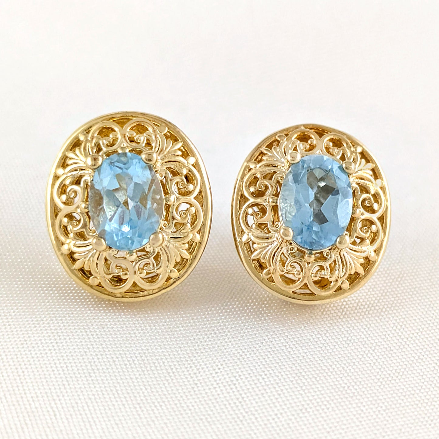 Scrollwork Quartz Filigree Stud Earrings - Choice of Genuine Sky Blue Topaz, Morganite, Tanzanite Color Quartz