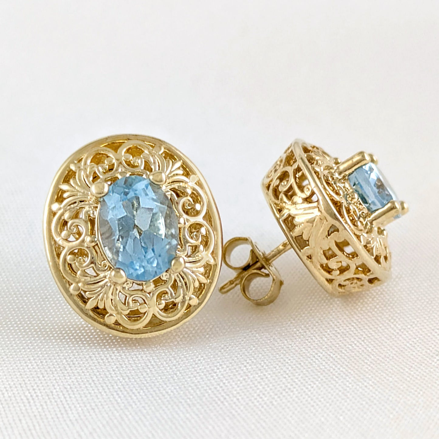 Scrollwork Quartz Filigree Stud Earrings - Choice of Genuine Sky Blue Topaz, Morganite, Tanzanite Color Quartz