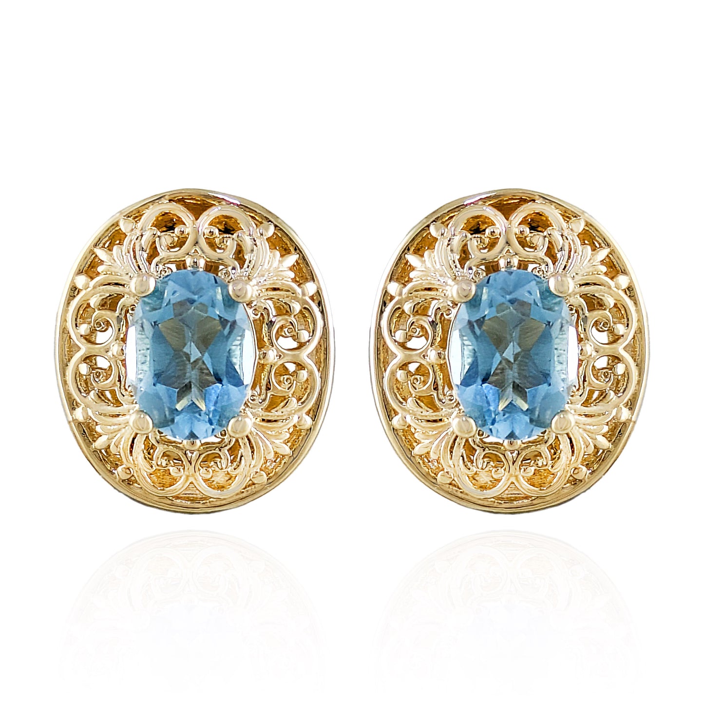 Scrollwork Quartz Filigree Stud Earrings - Choice of Genuine Sky Blue Topaz, Morganite, Tanzanite Color Quartz