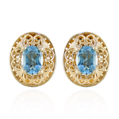 Scrollwork Quartz Filigree Stud Earrings - Choice of Genuine Sky Blue Topaz, Morganite, Tanzanite Color Quartz