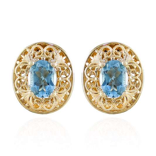 Scrollwork Quartz Filigree Stud Earrings - Choice of Genuine Sky Blue Topaz, Morganite, Tanzanite Color Quartz