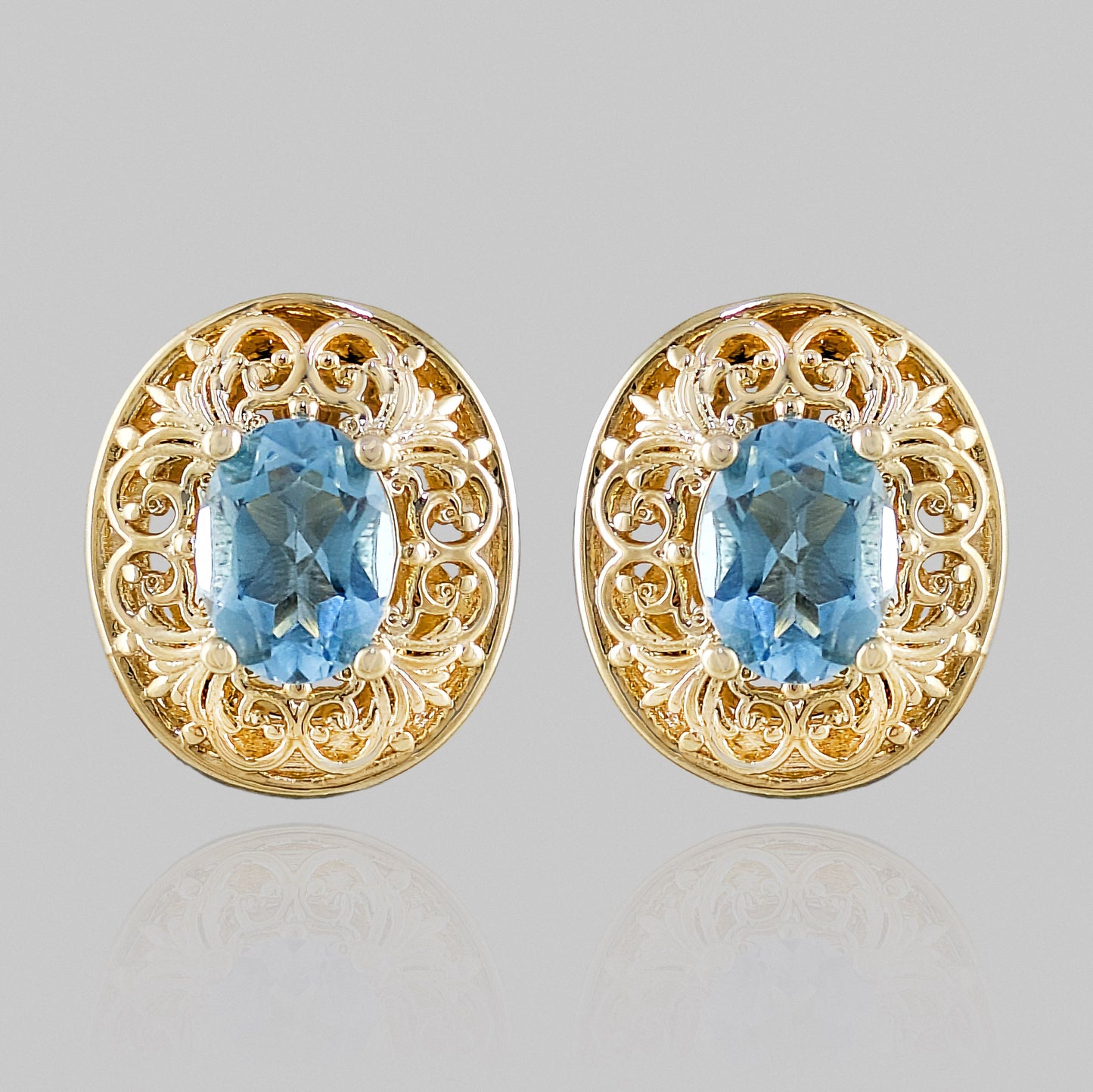 Scrollwork Quartz Filigree Stud Earrings - Choice of Genuine Sky Blue Topaz, Morganite, Tanzanite Color Quartz
