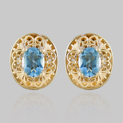 Scrollwork Quartz Filigree Stud Earrings - Choice of Genuine Sky Blue Topaz, Morganite, Tanzanite Color Quartz