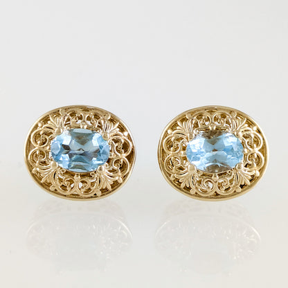 Scrollwork Quartz Filigree Stud Earrings - Choice of Genuine Sky Blue Topaz, Morganite, Tanzanite Color Quartz