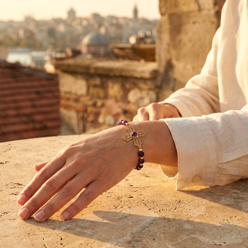 Filigree Cross Bracelet with Amethyst Beads