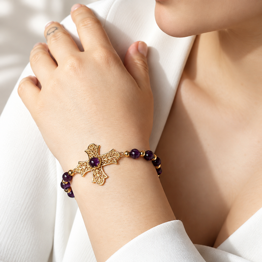 Filigree Cross Bracelet with Amethyst Beads