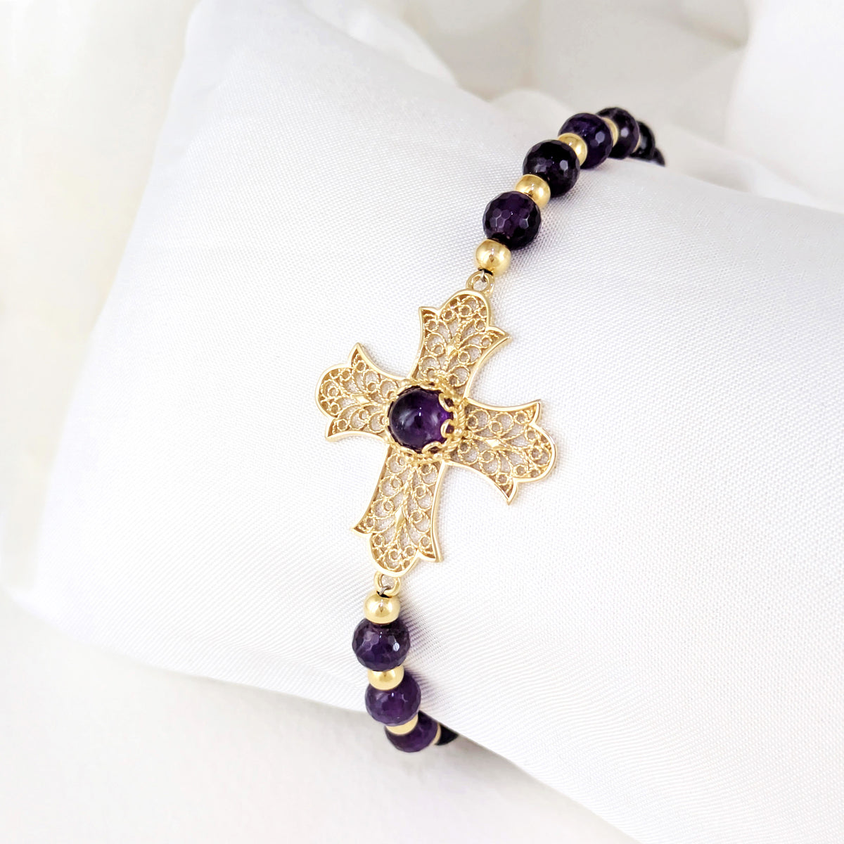Filigree Cross Bracelet with Amethyst Beads