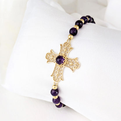 Filigree Cross Bracelet with Amethyst Beads