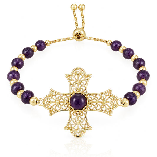 Filigree Cross Bracelet with Amethyst Beads
