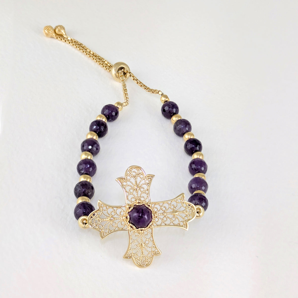 Filigree Cross Bracelet with Amethyst Beads