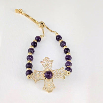 Filigree Cross Bracelet with Amethyst Beads