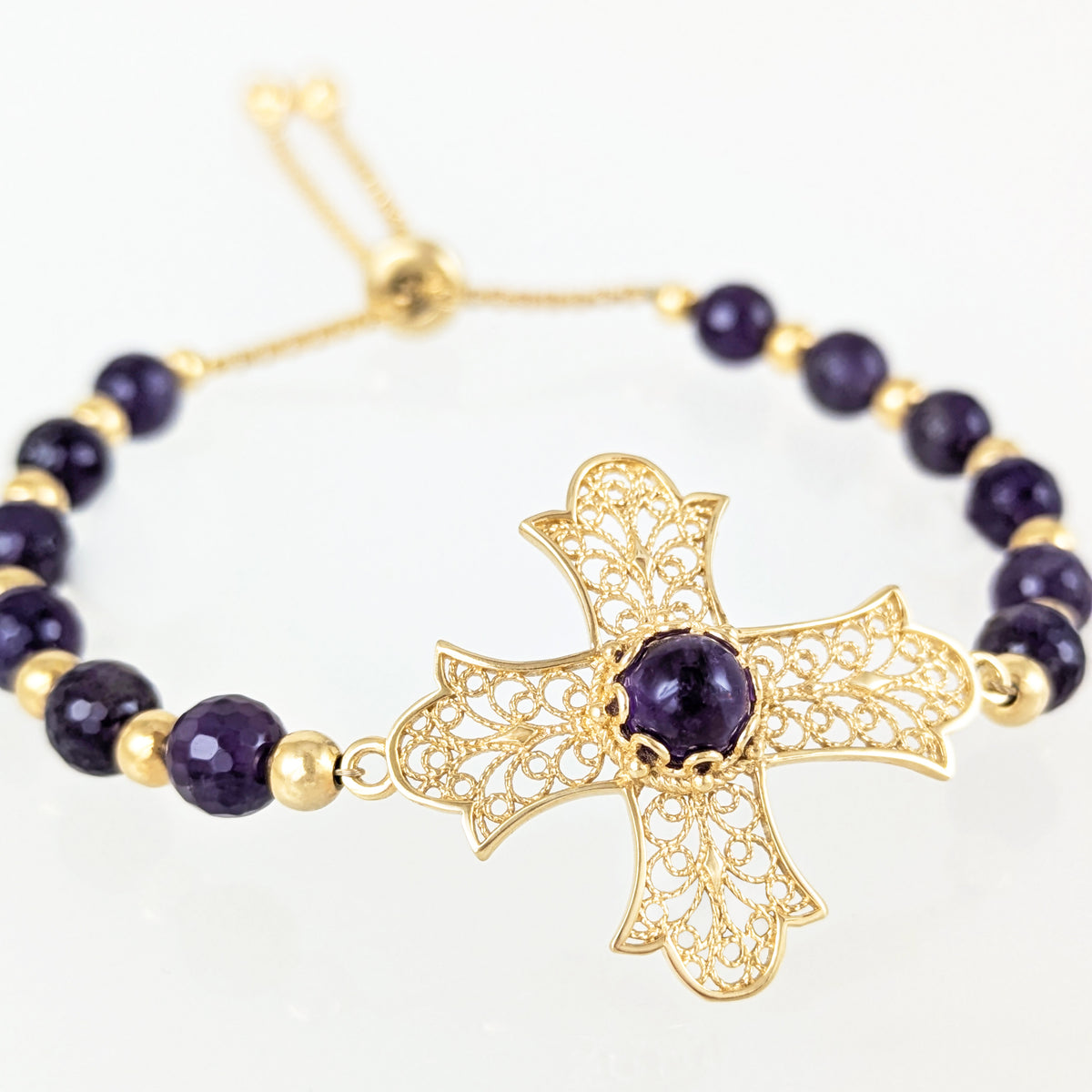 Filigree Cross Bracelet with Amethyst Beads