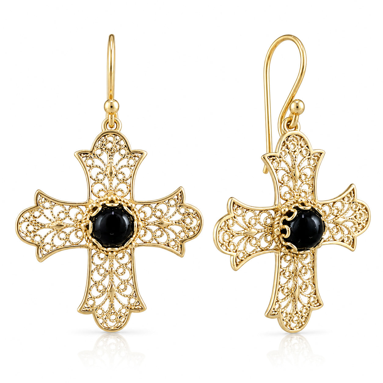 Filigree Cross Drop Earrings with Black Onyx 