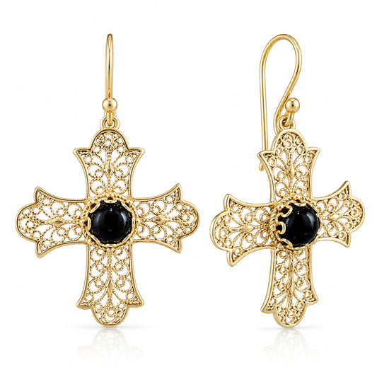 Filigree Cross Drop Earrings with Black Onyx 