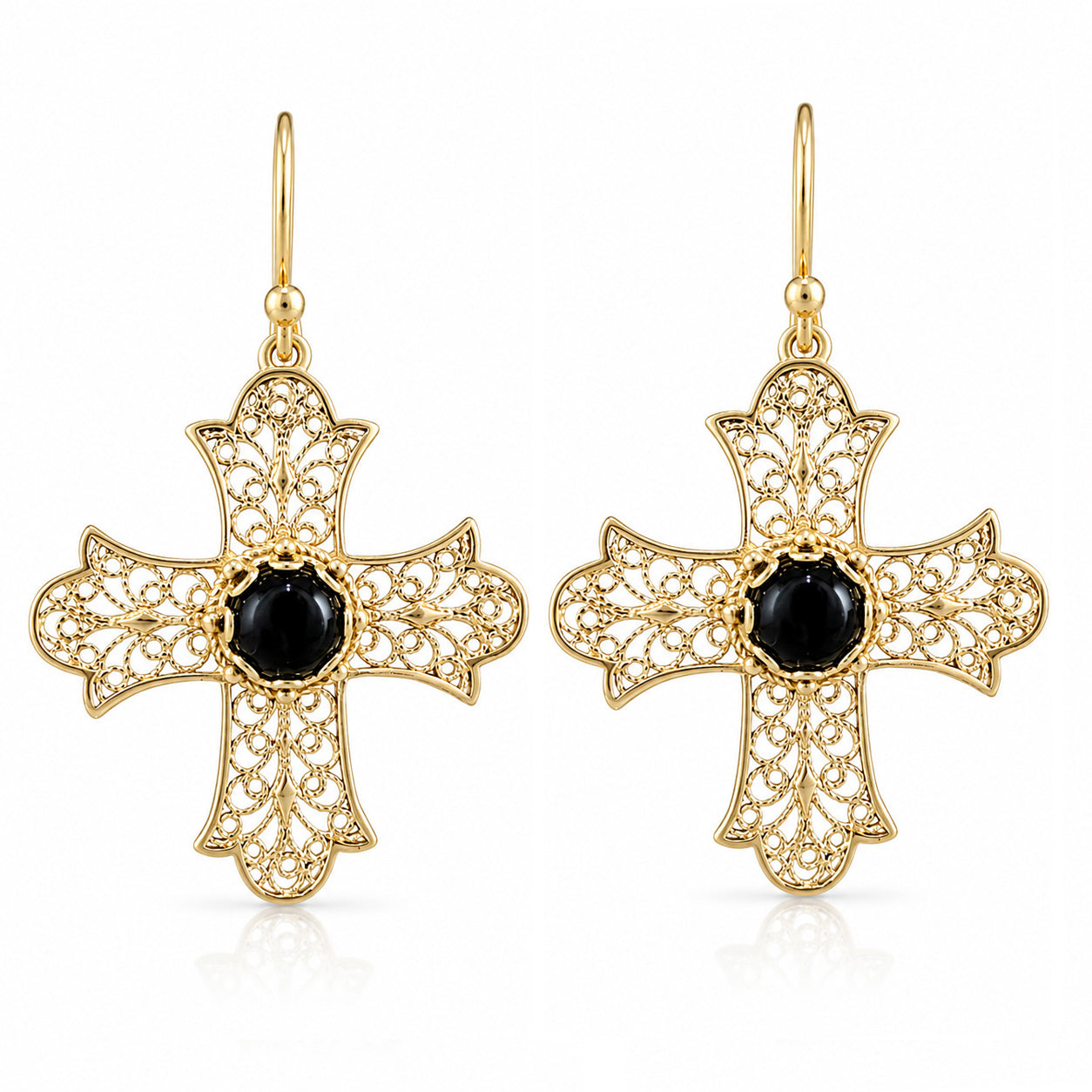 Filigree Cross Drop Earrings with Black Onyx