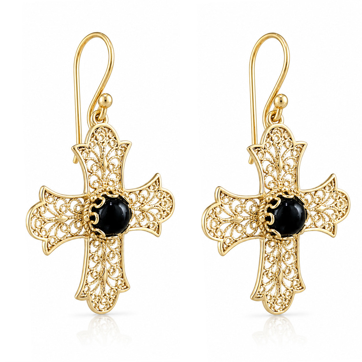 Filigree Cross Drop Earrings with Black Onyx 