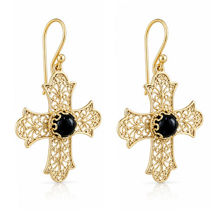 Filigree Cross Drop Earrings with Black Onyx 