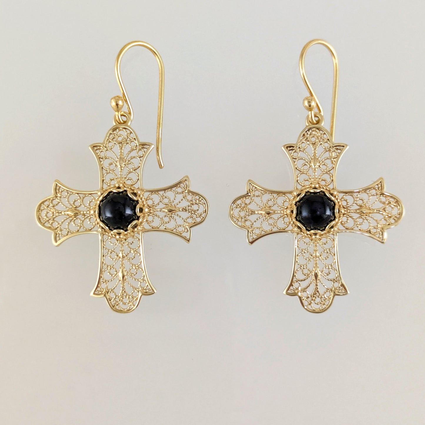 Filigree Cross Drop Earrings with Black Onyx