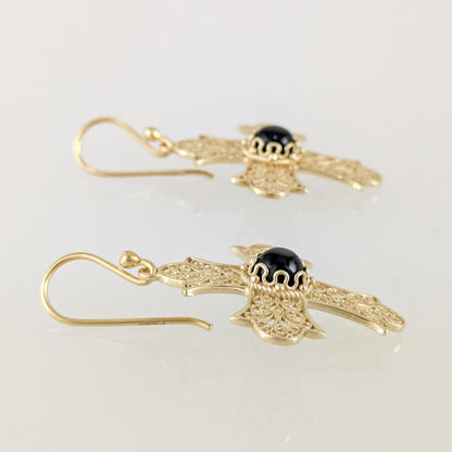 Filigree Cross Drop Earrings with Black Onyx