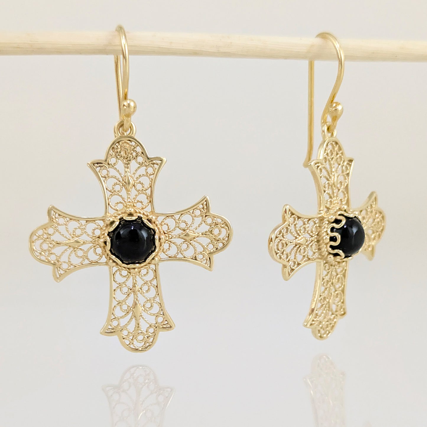 Discover handcrafted Filigree Cross Drop Earrings with genuine Black Onyx, finished in 18k Gold Over Bronze. Elegant artisan jewelry handcrafted in Istanbul.