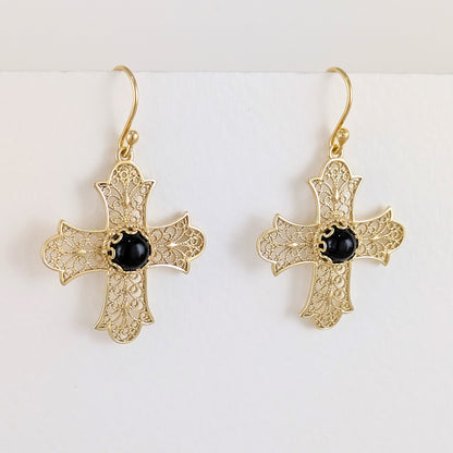 Filigree Cross Drop Earrings with Black Onyx