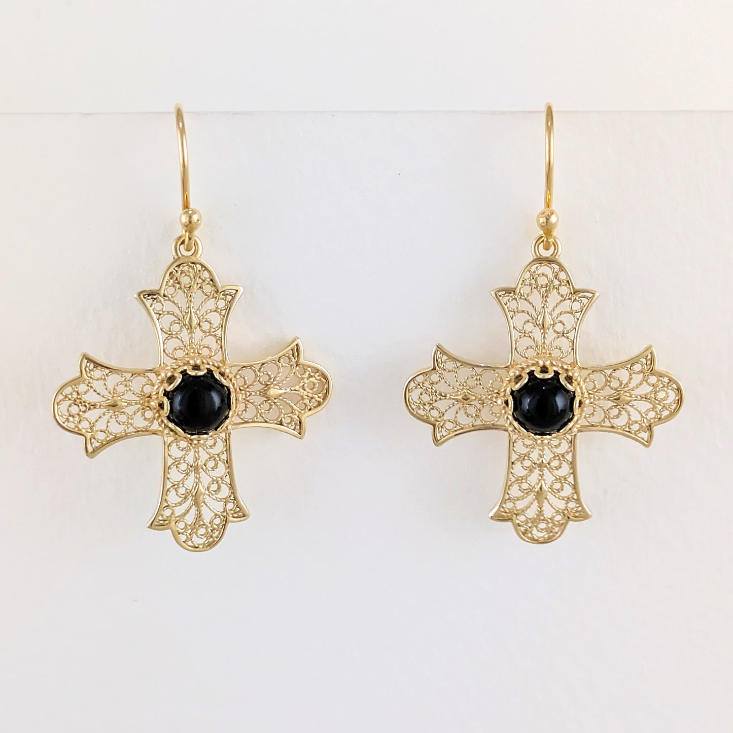 Filigree Cross Drop Earrings with Black Onyx
