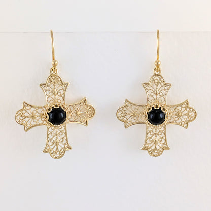 Filigree Cross Drop Earrings with Black Onyx