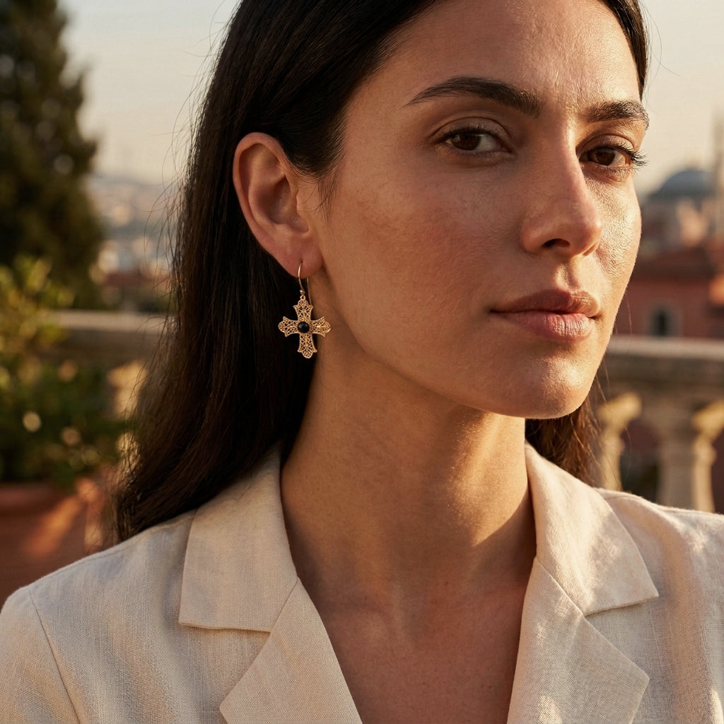 Filigree Cross Drop Earrings with Black Onyx