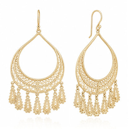 Statement Teardrop Filigree Earrings with Fringe Accents