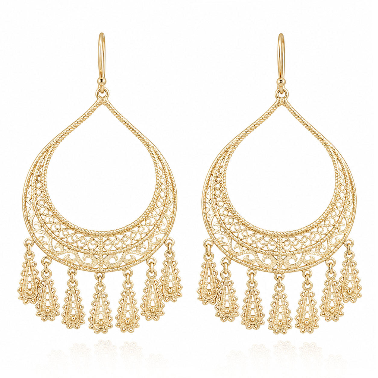 Statement Teardrop Filigree Earrings with Fringe Accents