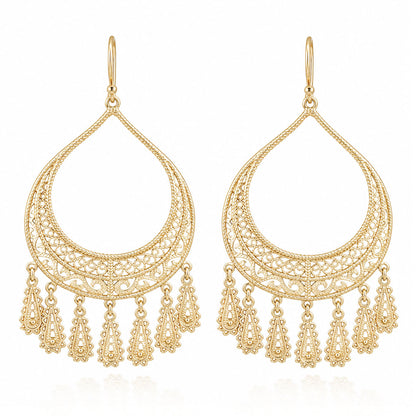 Statement Teardrop Filigree Earrings with Fringe Accents