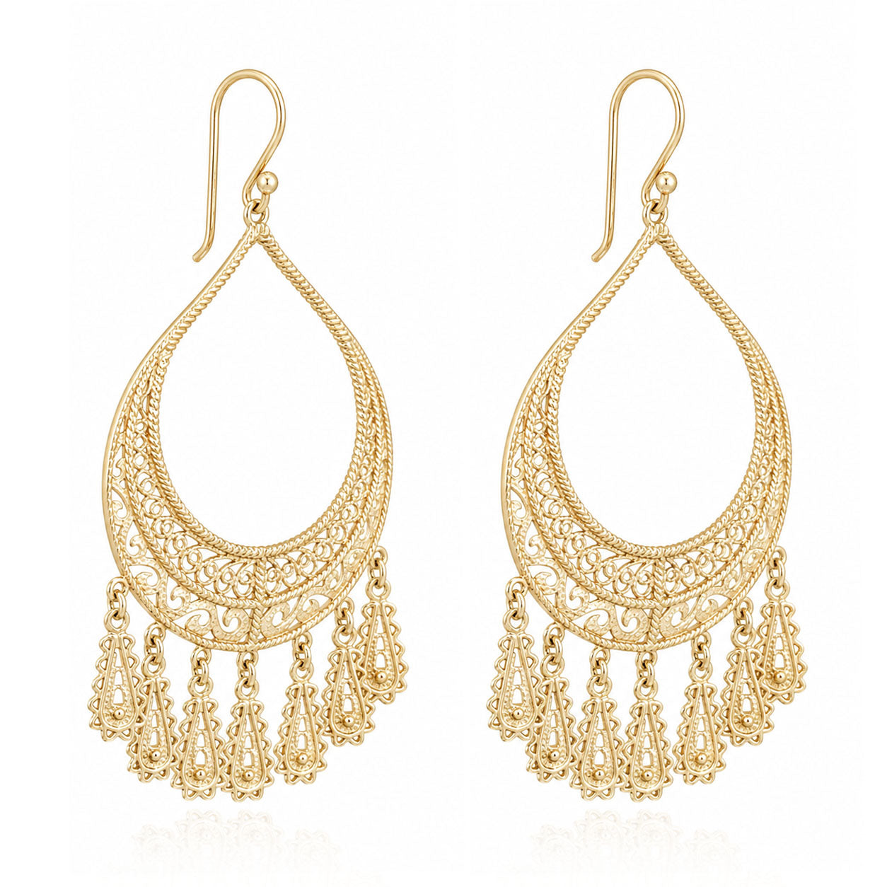 Statement Teardrop Filigree Earrings with Fringe Accents