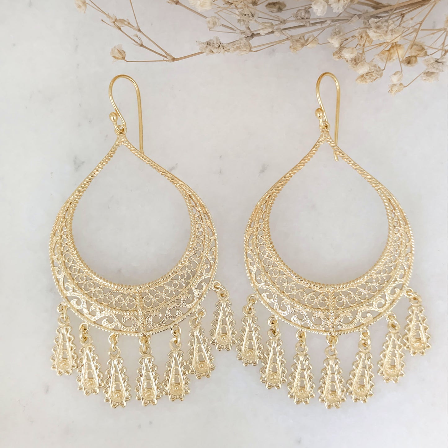 Statement Teardrop Filigree Earrings with Fringe Accents
