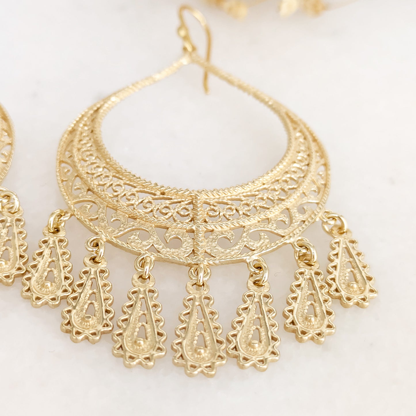 Statement Teardrop Filigree Earrings with Fringe Accents