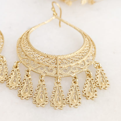Statement Teardrop Filigree Earrings with Fringe Accents