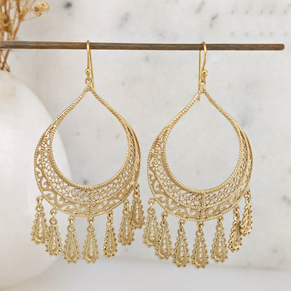 Statement Teardrop Filigree Earrings with Fringe Accents