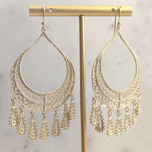 Gold Over Bronze Filigree Drop Statement Earrings – 2 15/16 in