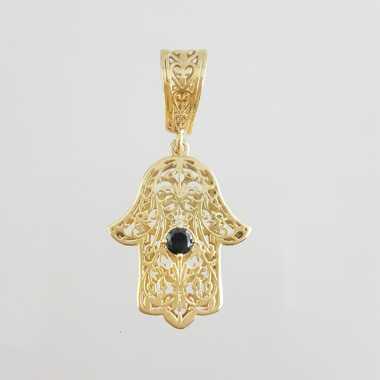 Filigree Hamsa Pendant with Ruby or Black Crystal