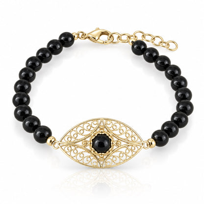 Black Onyx Filigree Bead Bracelet with Ornate Center