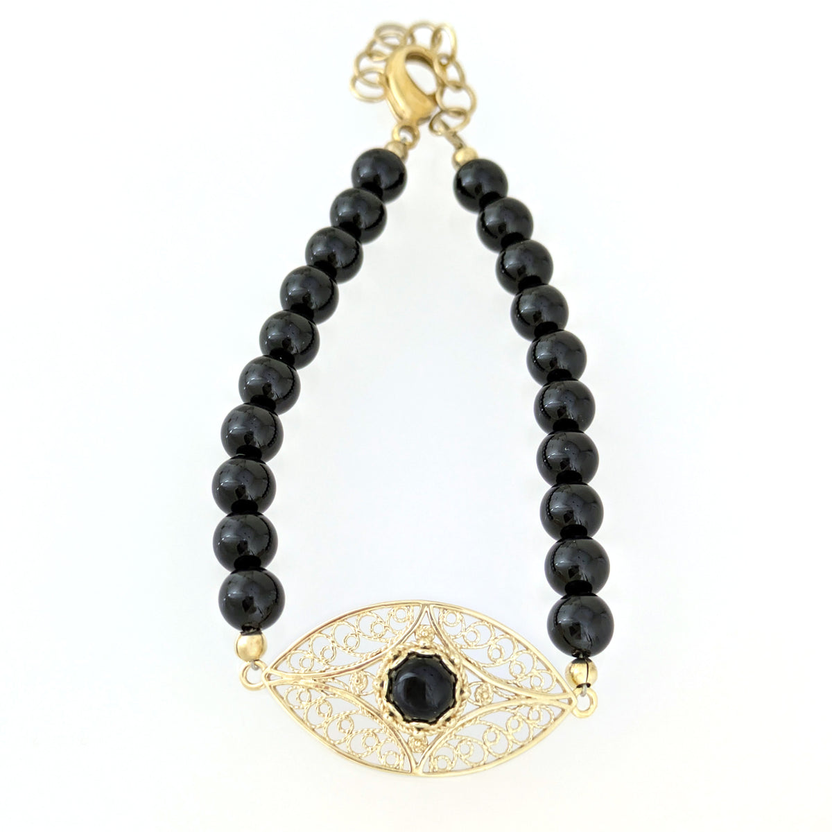 Black Onyx Filigree Bead Bracelet with Ornate Center