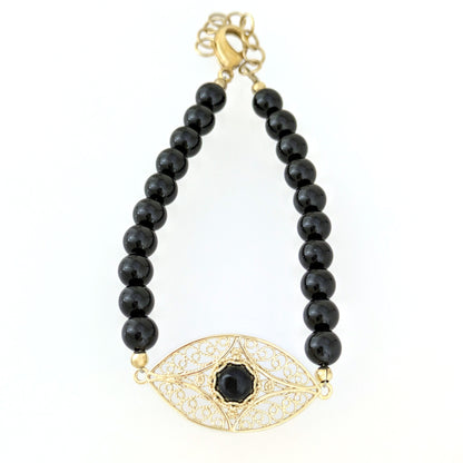 Black Onyx Filigree Bead Bracelet with Ornate Center