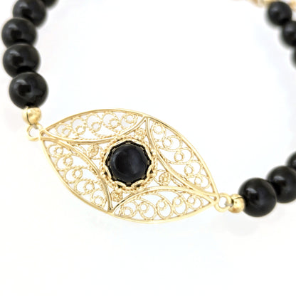 Black Onyx Filigree Bead Bracelet with Ornate Center