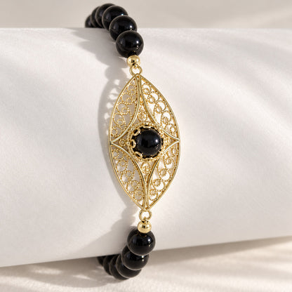 Black Onyx Filigree Bead Bracelet with Ornate Center