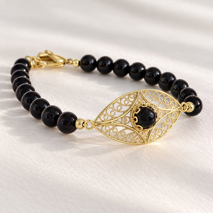 Black Onyx Filigree Bead Bracelet with Ornate Center