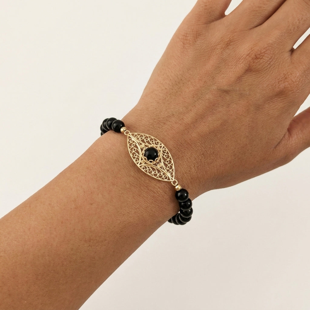 Black Onyx Filigree Bead Bracelet with Ornate Center