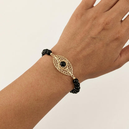 Black Onyx Filigree Bead Bracelet with Ornate Center