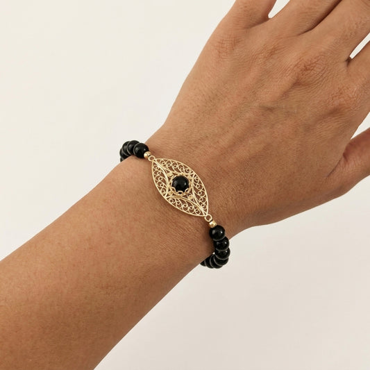 Black Onyx Filigree Bead Bracelet with Ornate Center
